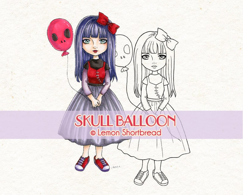 Digital Stamp Skull Balloon Goth Girl, Digi Download, Halloween Gothic Lolita, Coloring Page, Cute Horror Scrapbooking image 1