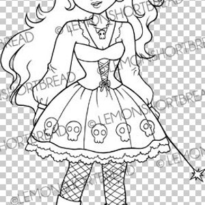 Digital Stamp Skull Dress Girl, Digi Halloween Witch, Gothic Lolita, Fantasy Coloring Page, Clip Art Download image 2
