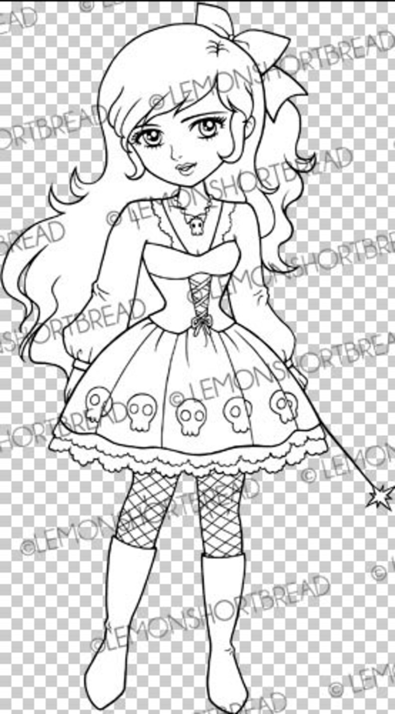 Digital Stamp Skull Dress Girl, Digi Halloween Witch, Gothic Lolita, Fantasy Coloring Page, Clip Art Download image 2