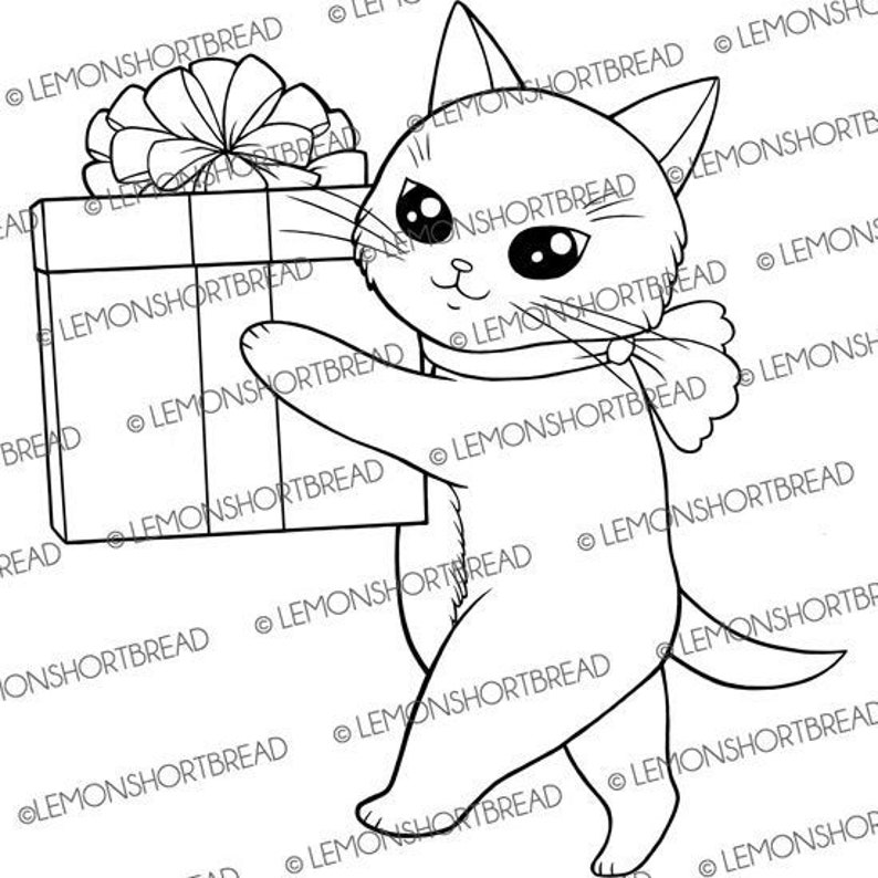 May include: A black and white line drawing of a cat carrying a wrapped gift box with a bow on top. The cat is walking with its head tilted slightly to the side and its tail curled behind it.