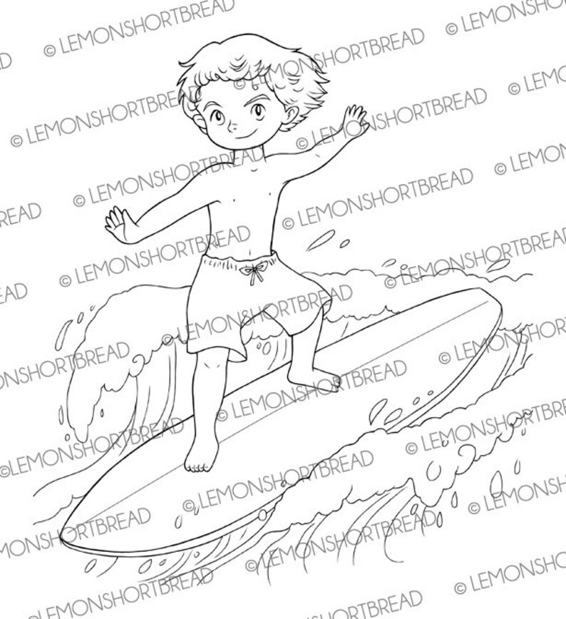 May include: A black and white line drawing of a person surfing on a wave. The person is wearing shorts and has short hair. The wave is breaking behind them.
