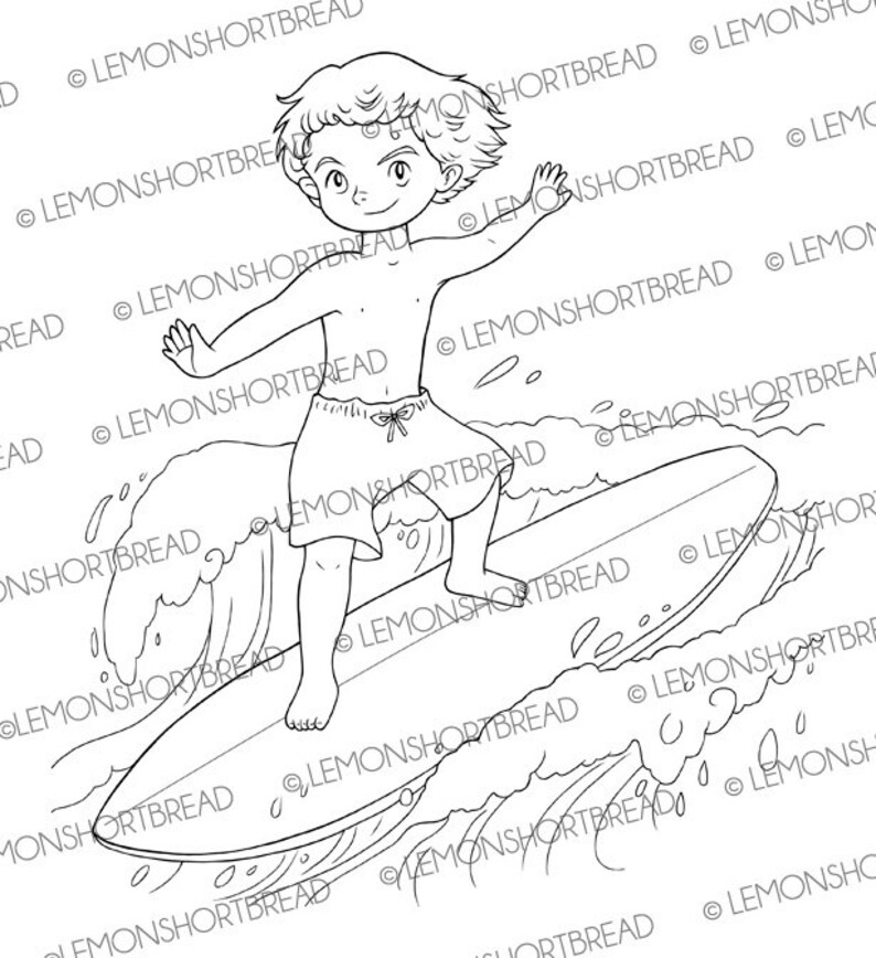 Digital Stamp Surfing Guy, Surfer Boy, Digi Download, Beach Summer Sports, Image Line Art, Coloring Page image 2