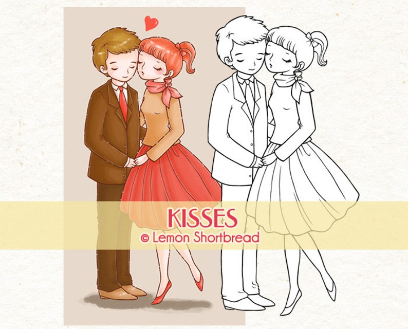 Digital Stamp Kisses Kissing Couple, Digi Coloring Page Download, Valentine's Day Love, Romantic, Scrapbooking image 1