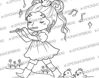 Digital Stamp Girl with Flute, Birds Animals, Digi Coloring Page, Fantasy, Children, Cute Art, Download