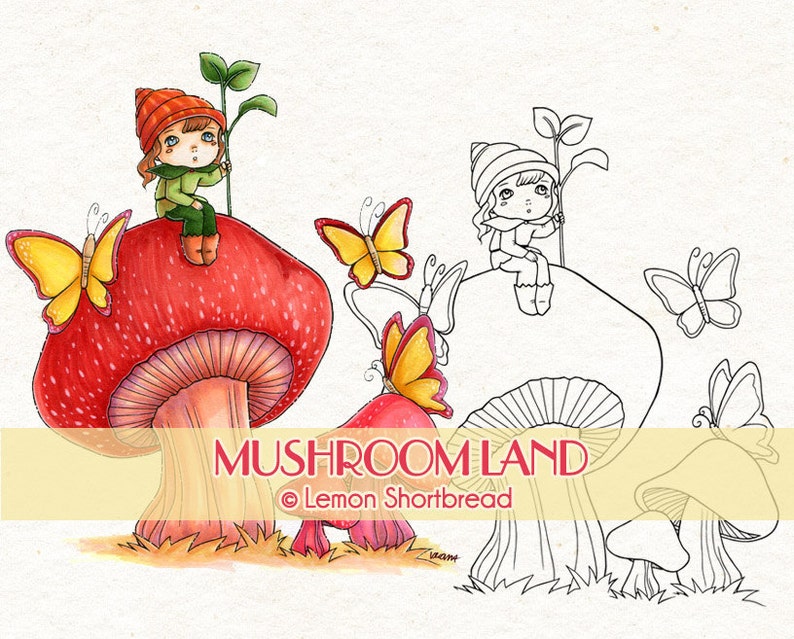 May include: A whimsical illustration of a mushroom land with two mushrooms, each with a small person sitting on top. The mushrooms are red and white with white spots. The people are wearing red and green clothing and have brown hair. There are butterflies flying around the mushrooms. The text "MUSHROOM LAND &copy; Lemon Shortbread" is at the bottom of the image.