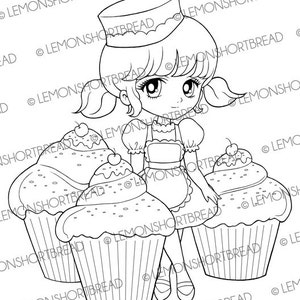 Digital Stamp Cupcakes Delight Girl, Digi Coloring Page, Baking Desserts Pastry, Birthday, Clip Art Download