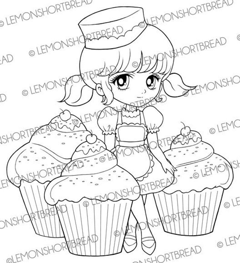 K&ouml;nnte beinhalten: Eine Schwarzwei&szlig;-Zeichnung eines M&auml;dchens, das einen Kochhut und eine Sch&uuml;rze tr&auml;gt und vor drei Cupcakes steht. Die Cupcakes haben Kirschen oben drauf und sind mit Streuseln verziert.