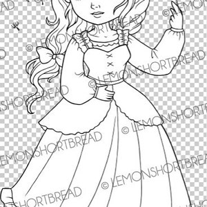 May include: A black and white line drawing of a young girl in a dress blowing on a dandelion. She is wearing a dress with a ruffled skirt and a bow in her hair.