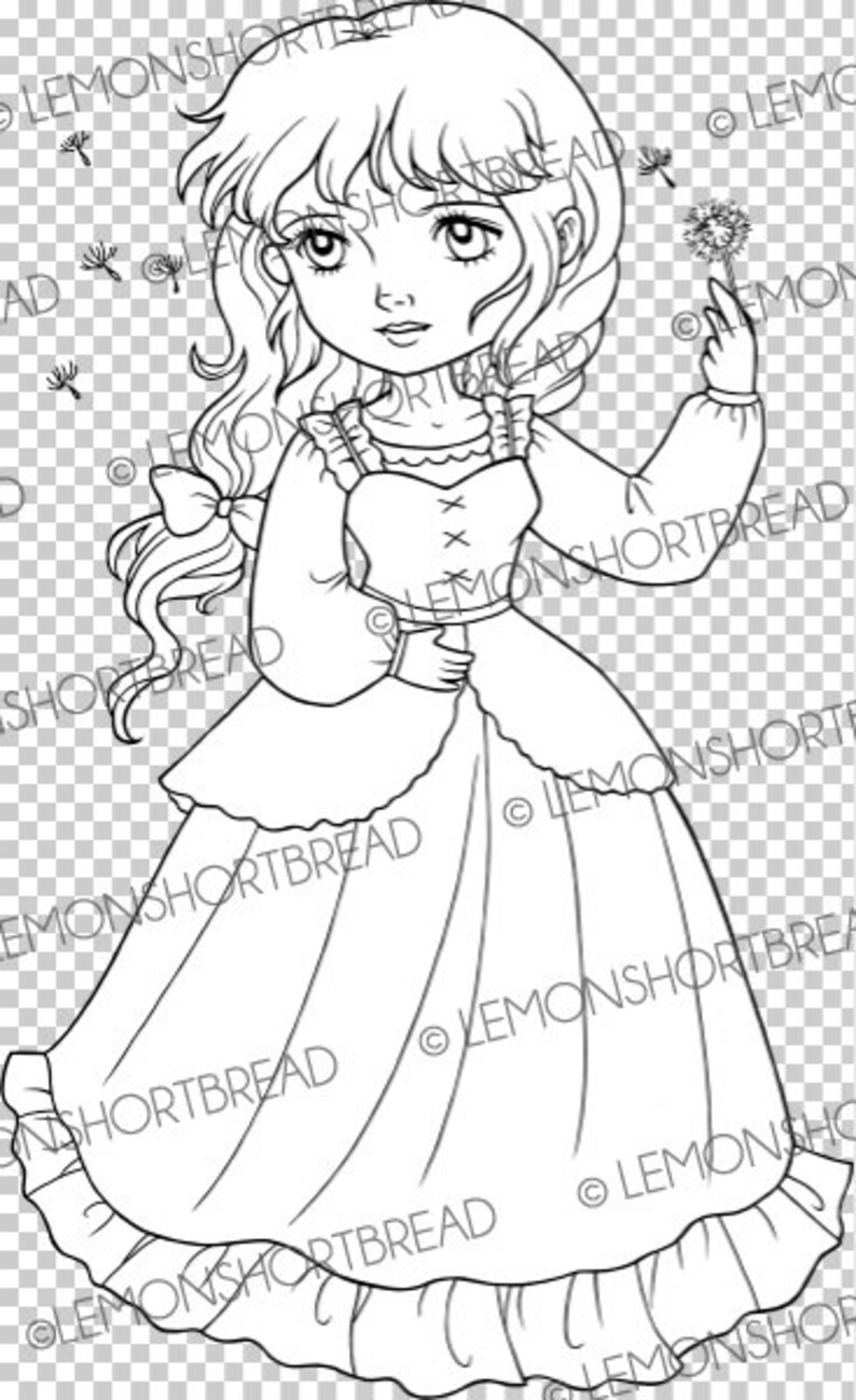 May include: A black and white line drawing of a young girl in a dress blowing on a dandelion. She is wearing a dress with a ruffled skirt and a bow in her hair.