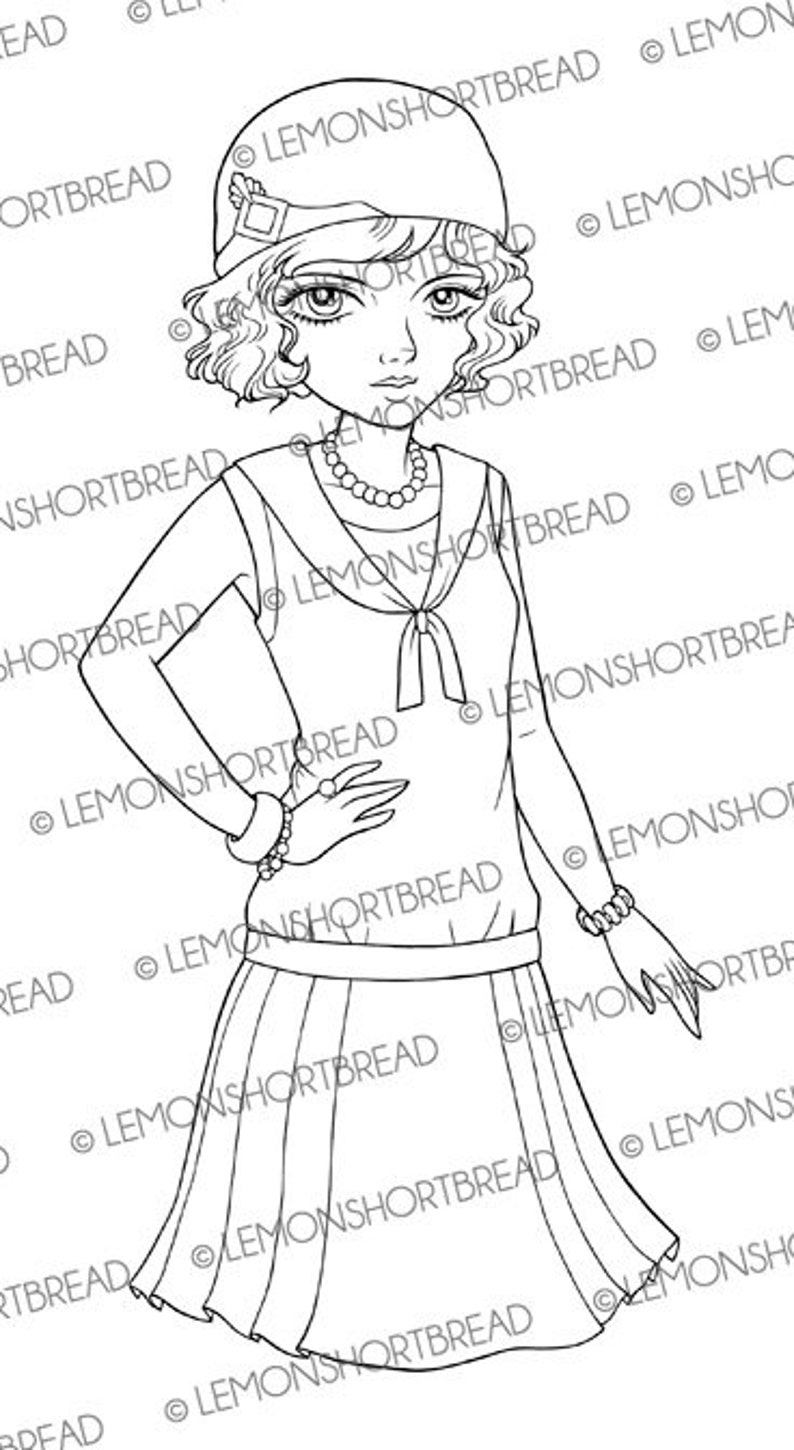 Digital Stamps Art Deco Flapper Girls, Digi Printable Coloring Pages, Vintage Fashion, Line Art Image, Download image 2