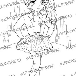 May include: A black and white line drawing of a girl wearing a jacket, skirt, and boots. She has long hair and is standing in front of a city skyline.