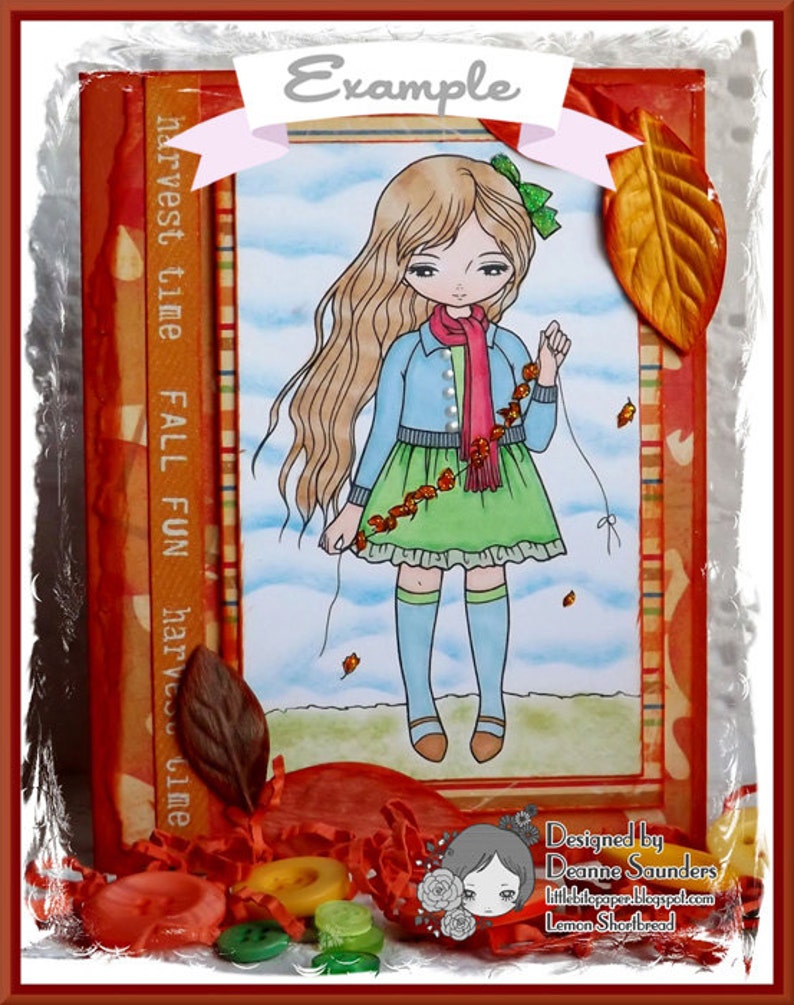 May include: A digital illustration of a girl with long blonde hair wearing a blue jean jacket, a red scarf, and a green skirt. She is holding a string of red berries and is standing in front of a background with a blue sky and white clouds. The image is framed with a red and orange border with the text "harvest time FALL FUN harvest time" written vertically on the left side. The image also includes the text "Example" at the top and "Designed by Deanne Saunders littlepaper.blogspot.com Lemon Shortbread" at the bottom.