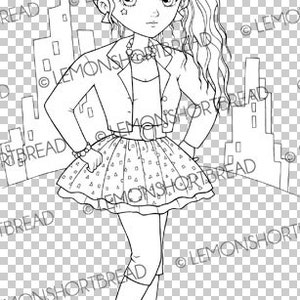 Digital Stamp 80s Fashion City Girl, Digi Adult Coloring Page, Anime 1980s Retro Style, Printable Download image 2