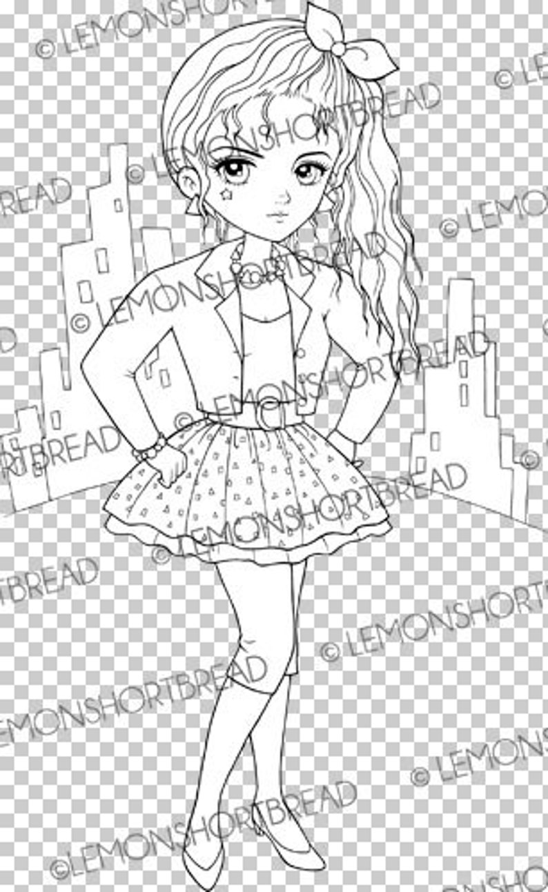 Digital Stamp 80s Fashion City Girl, Digi Adult Coloring Page, Anime 1980s Retro Style, Printable Download image 2