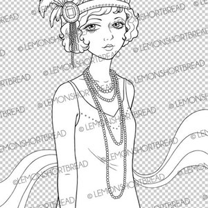 Digital Stamp Jazz Flapper Girl, Digi Art Deco Coloring Page, Vintage Fashion Summer, Clip Art Download image 3