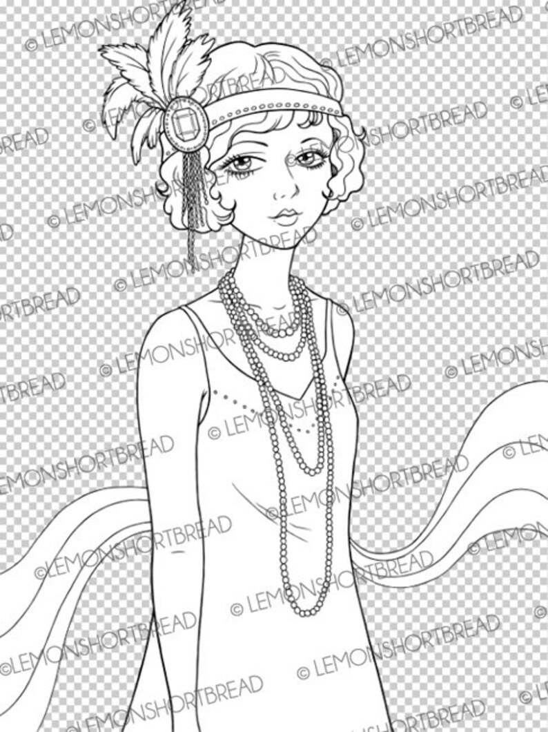 Digital Stamp Jazz Flapper Girl, Digi Art Deco Coloring Page, Vintage Fashion Summer, Clip Art Download image 3