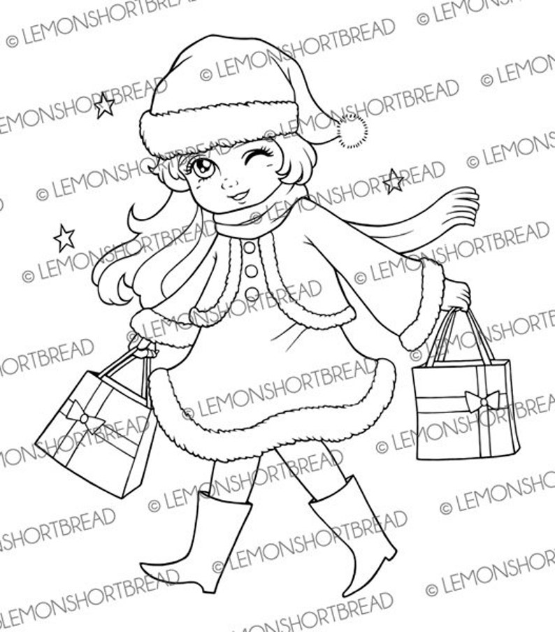 Digital Stamp Christmas Santa Girl Digi Coloring Page Merry - Etsy