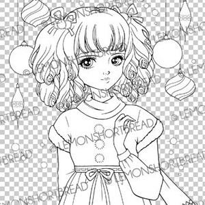 Peut inclure: Un dessin au trait noir et blanc d'une fille aux cheveux boucl&eacute;s portant une robe et une &eacute;charpe. Elle est entour&eacute;e de d&eacute;corations de No&euml;l.