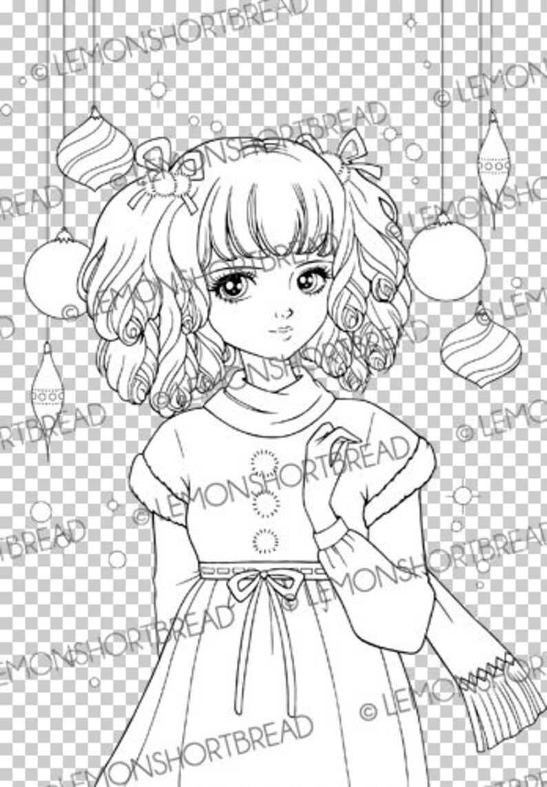 Peut inclure: Un dessin au trait noir et blanc d'une fille aux cheveux boucl&eacute;s portant une robe et une &eacute;charpe. Elle est entour&eacute;e de d&eacute;corations de No&euml;l.