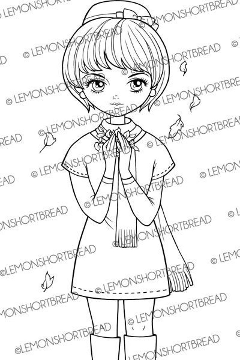 Peut inclure: Un dessin au trait noir et blanc d'une fille portant un chapeau, une &eacute;charpe et une robe. Elle tient ses mains jointes devant elle, et il y a des feuilles qui tombent autour d'elle.