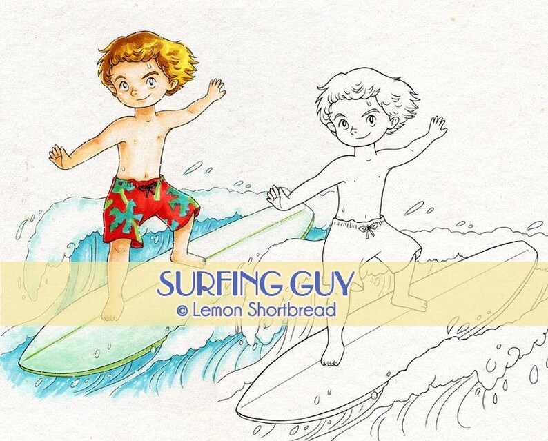 May include: A black and white line drawing of a person surfing on a wave, with a colored version of the image next to it. The colored image shows a person with brown hair wearing red shorts surfing on a wave. The text "SURFING GUY &copy; Lemon Shortbread" is below the images.