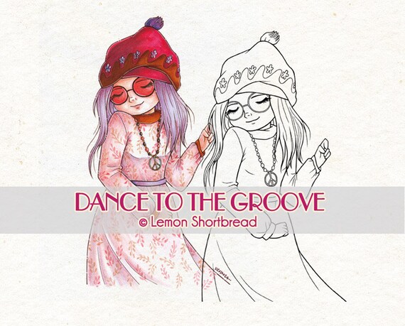 Digital Stamps 60s Dancing Girl, Digi Download, Coloring Page Book, Music Hippie, Retro Fashion Peace, Scrapbooking