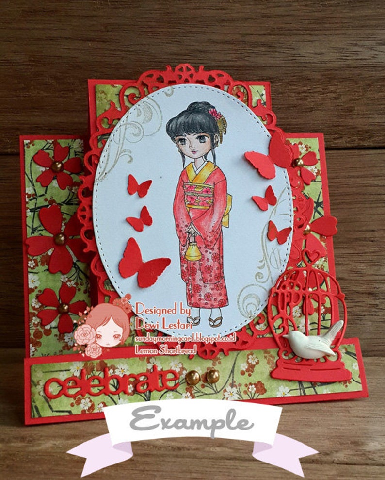 Digital Stamp Kimono Girl, Digi Japanese Cherry Blossom, Printable Coloring Page, Anime Spring Flowers image 5