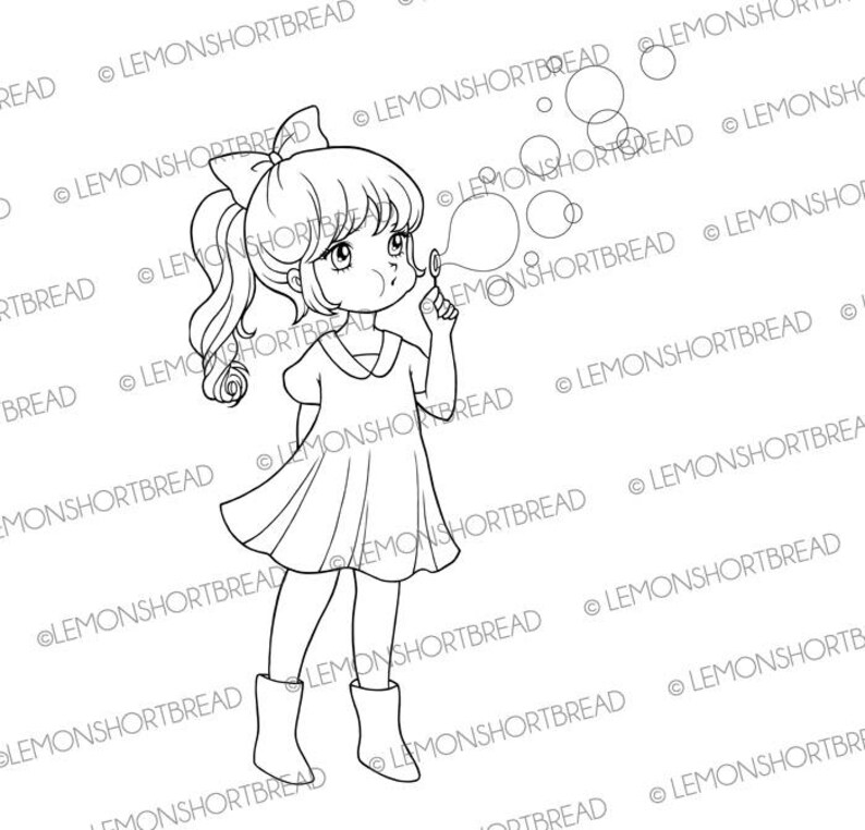 Digital Stamp Blowing Bubbles Girl, Digi Download, Children Clip Art, Spring Summer, Thinking of You, Coloring Page, Scrapbooking image 2