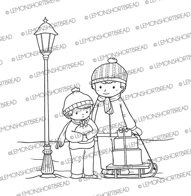 Digital Stamp Winter Boys Christmas Scene Digi Stamps image 0