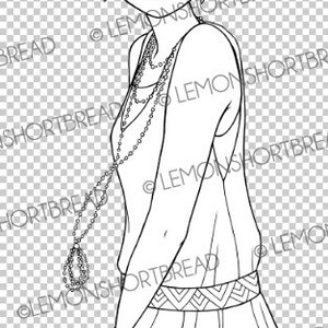 May include: A black and white line drawing of a woman wearing a turban and a long dress with a geometric pattern. She is wearing a long necklace with a pendant.