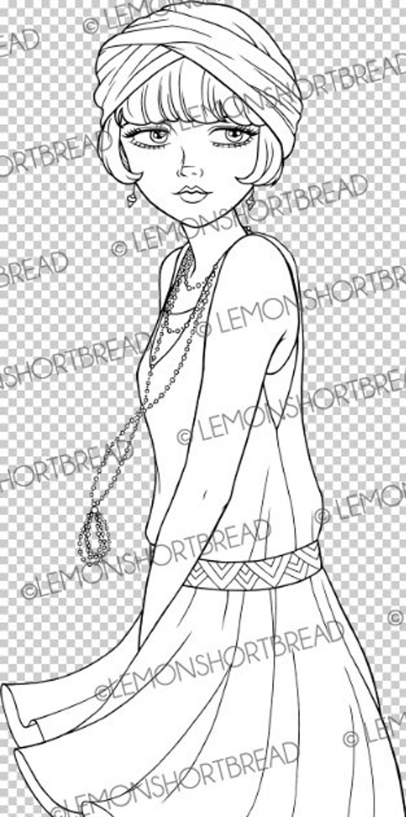 May include: A black and white line drawing of a woman wearing a turban and a long dress with a geometric pattern. She is wearing a long necklace with a pendant.