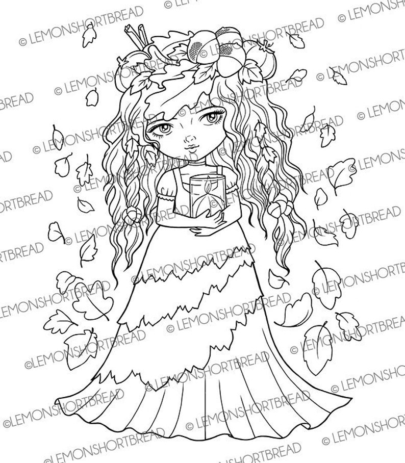 Digital Stamp Autumn Spice, Digi Fairy Girl, Pumpkin Fall Leaves, Printable Coloring Page, Fantasy Anime Art image 1