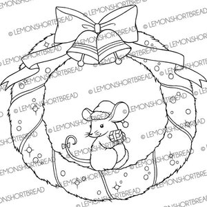 Digital Stamp Christmas Wreath Mouse, Digi Coloring Page, Holly Holiday Craft, Merry Xmas, Clip Art Crafting Download image 1