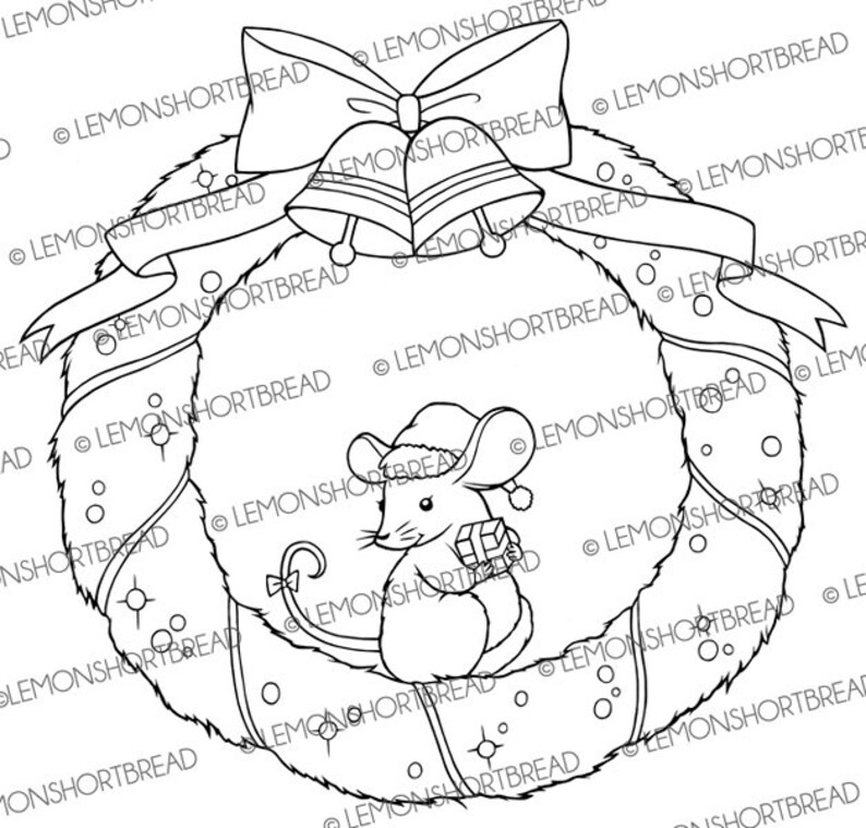 Digital Stamp Christmas Wreath Mouse, Digi Coloring Page, Holly Holiday Craft, Merry Xmas, Clip Art Crafting Download image 1