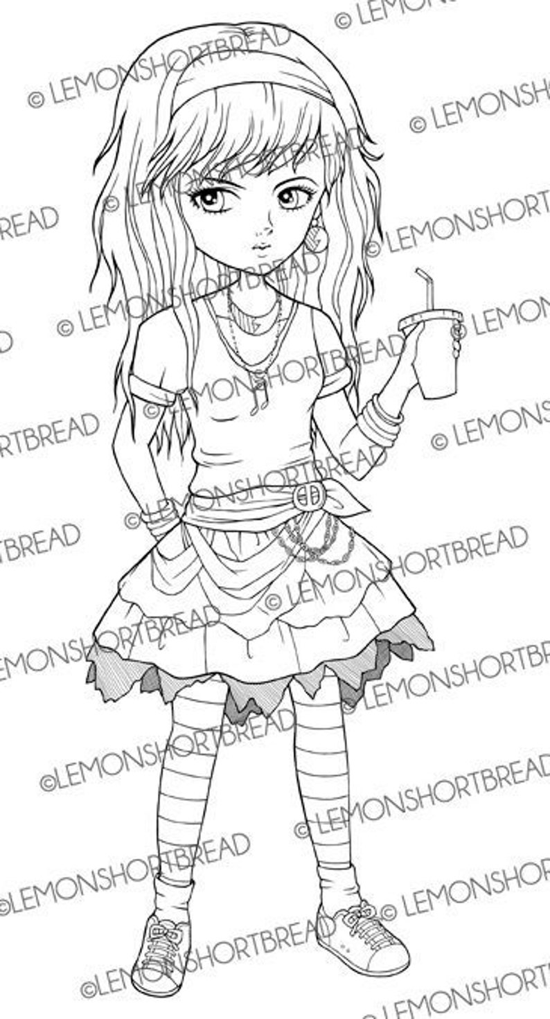 May include: A black and white line drawing of a girl with long hair wearing a short-sleeved shirt, a skirt, and striped stockings. She is holding a cup with a straw in her hand.