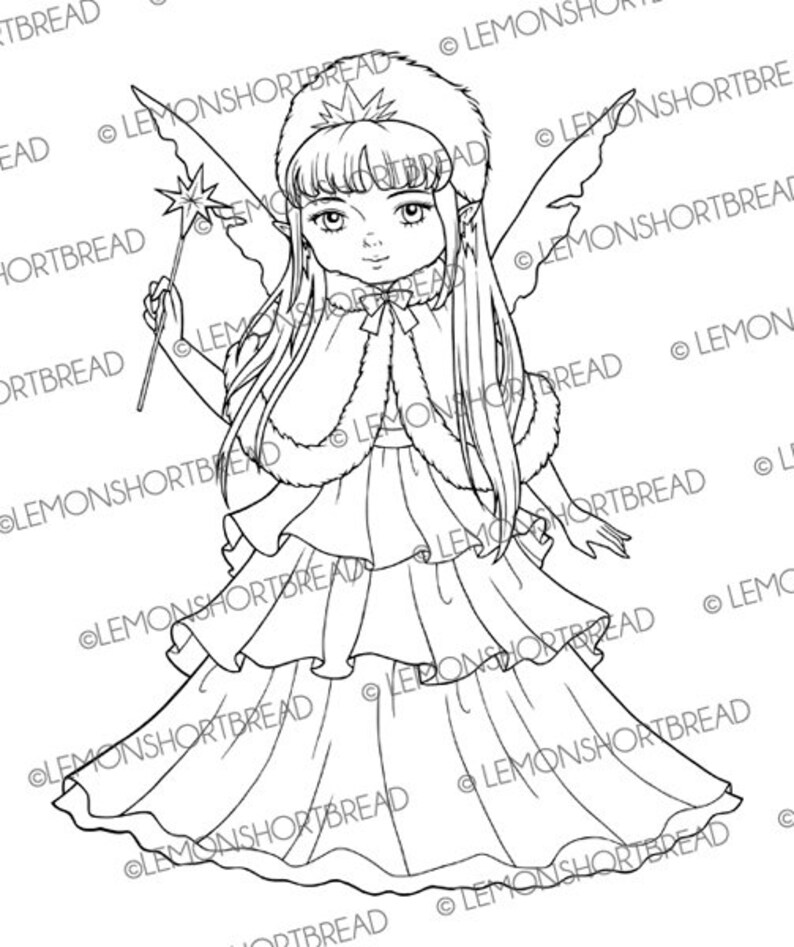 May include: A black and white line drawing of a fairy with long hair, wearing a fur-trimmed dress and a crown. She is holding a wand with a star on top.