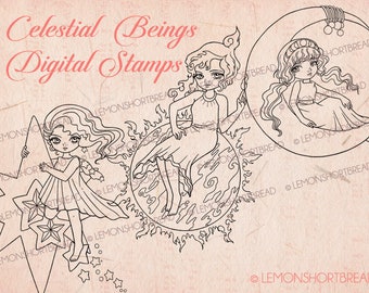 Digital Stamps Celestial Beings Set, Digi Download Coloring Pages, Fairy, Fantasy Girl, Sun Moon Stars, Galaxy Magical