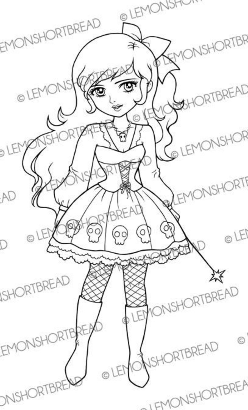 Digital Stamp Skull Dress Girl, Digi Halloween Witch, Gothic Lolita, Fantasy Coloring Page, Clip Art Download image 1