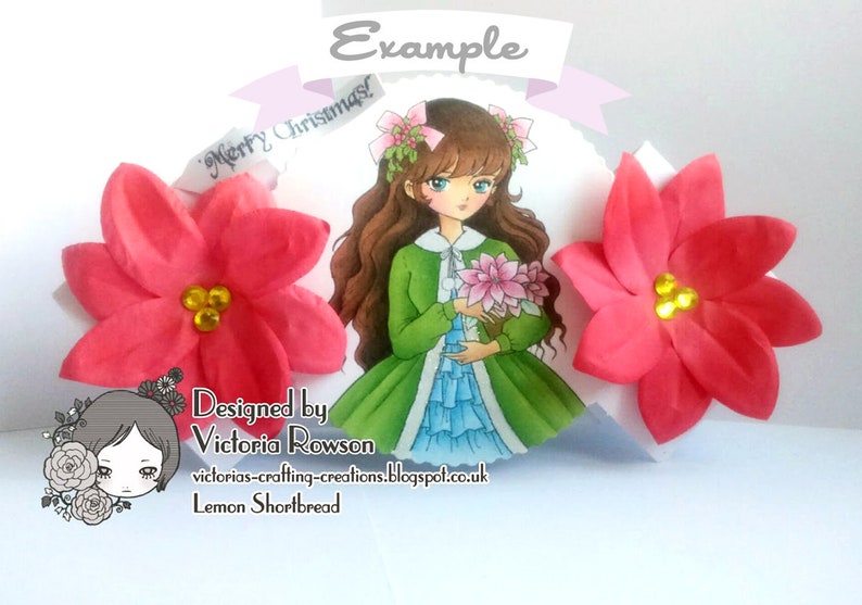 May include: A handmade Christmas card featuring a girl with brown hair and a green dress holding a bouquet of pink flowers. The card is decorated with two red poinsettia flowers and the text "Merry Christmas" and "Example".