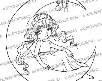 Digital Stamp Moon Maiden Celestial Fairy, Digi Download Coloring Page, Fantasy Girl Crescent Space, Galaxy Magical