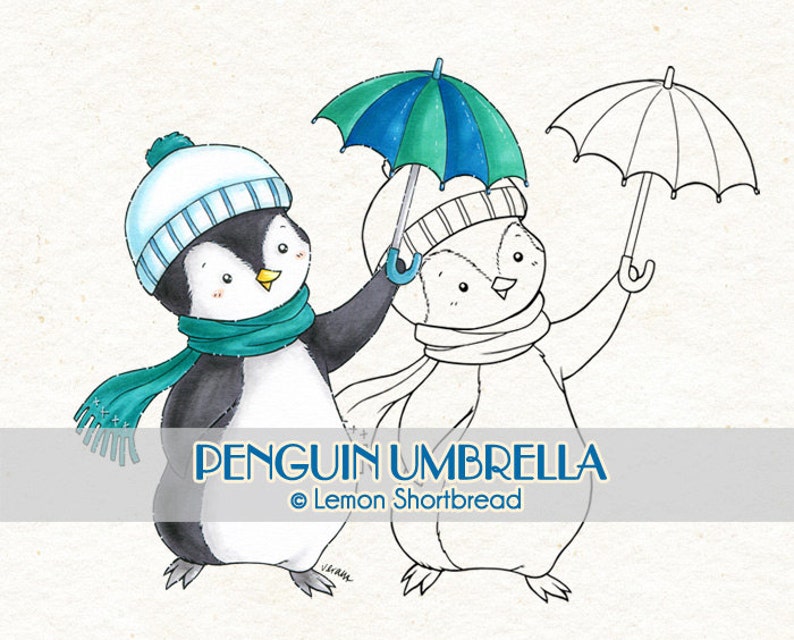 Digital Stamp Penguin Umbrella, Digi Download, Winter Holiday Merry Christmas, Animal Clip Art Image, Coloring Page, Scrapbooking image 1