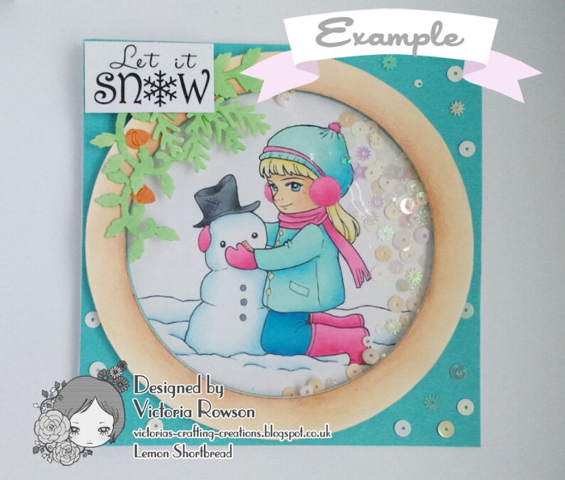 Digital Stamp Winter Building Snowman, Digi Download, Snow Christmas Girl, Children's Coloring, Scrapbooking Card Making image 5