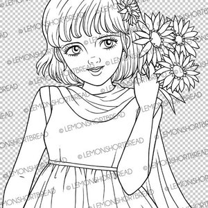 Digital Stamp Aster Flower Girl, Digi Coloring Page, Daisy Floral Summer Autumn, Scrapbooking Instant Download image 2