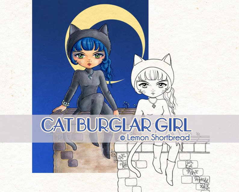May include: A digital illustration of a cat burglar girl wearing a black catsuit and a blue cat-eared hat. She is sitting on a brick wall with a crescent moon in the background. The text "CAT BURGLAR GIRL" is written below the image, with the copyright symbol and "Lemon Shortbread" underneath.