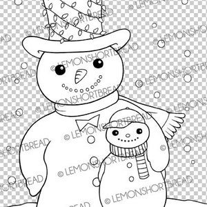 May include: A black and white line drawing of a snowman wearing a hat with a string of lights around it. The snowman is holding a smaller snowman wearing a hat and scarf.