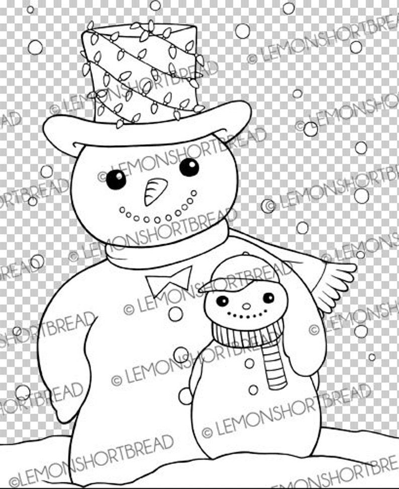 May include: A black and white line drawing of a snowman wearing a hat with a string of lights around it. The snowman is holding a smaller snowman wearing a hat and scarf.