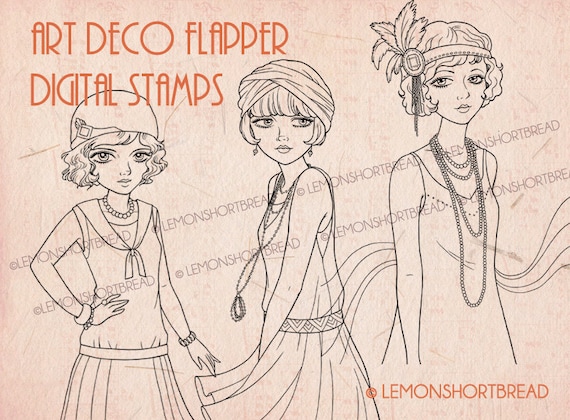 Digital Stamps Art Deco Flapper Girls, Digi Printable Coloring Pages, Vintage Fashion, Line Art Image, Download