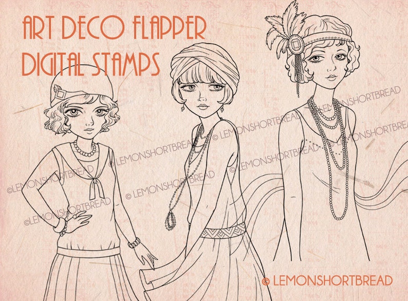 K&ouml;nnte beinhalten: Drei Schwarzwei&szlig;-Zeichnungen von Frauen in Flapper-Kleidern aus den 1920er Jahren. Die Frauen tragen Stirnb&auml;nder, Halsketten und Kleider mit geometrischen Mustern. Der Text "Art Deco Flapper Digital Stamps" befindet sich oben im Bild.