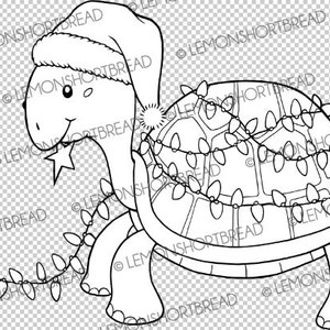May include: A black and white line drawing of a turtle wearing a Santa hat and a string of Christmas lights around its shell.