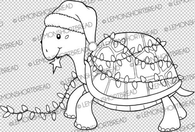 May include: A black and white line drawing of a turtle wearing a Santa hat and a string of Christmas lights around its shell.